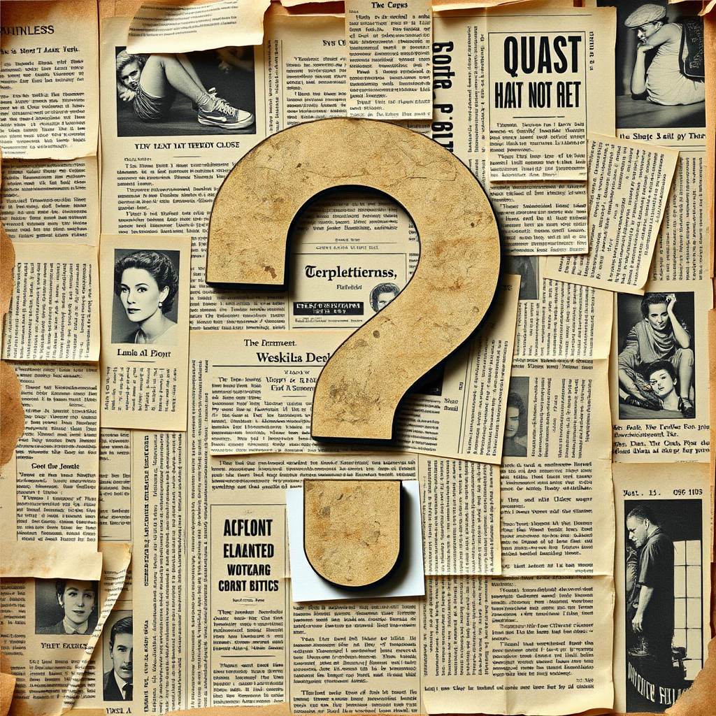Create an artistic collage featuring a prominent, large question mark centered over a textured background of vintage newspaper clippings, using a DSLR camera with a 50mm lens, f/1.8 aperture, ISO 100, and natural lighting to enhance image quality.