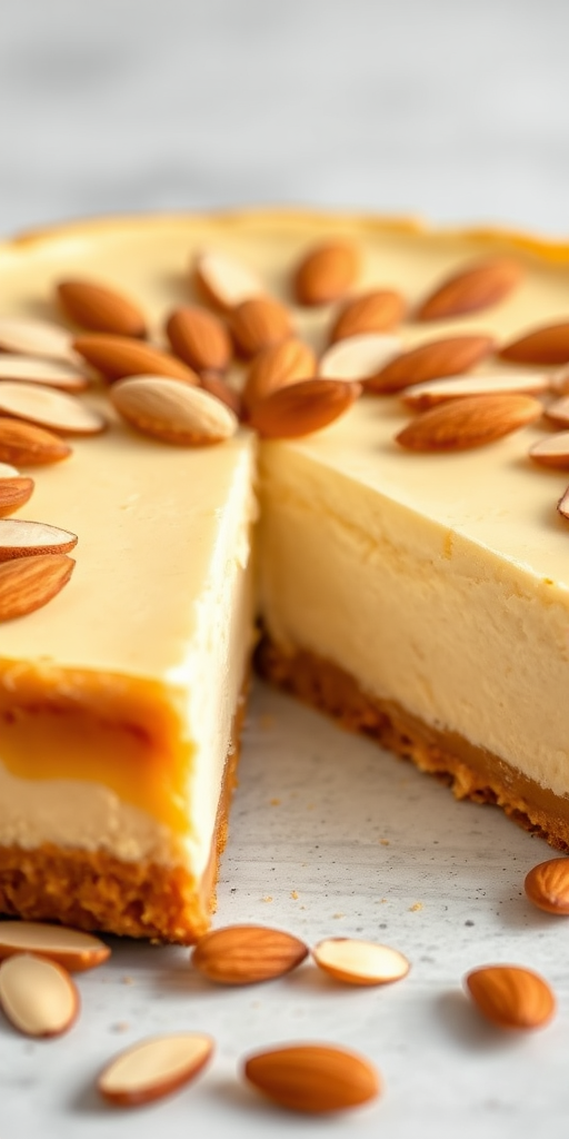 Create an image of a delicious cheesecake with a golden brown crust topped with sliced almonds. The cheesecake should have a creamy texture and a few almond slices scattered around it. The scene should be well-lit, highlighting the textures and colors of the dessert, giving it an inviting and appetizing appearance.