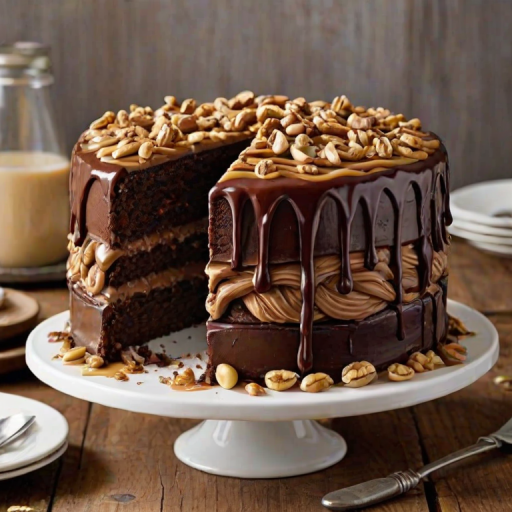 Create an image of a multi-layer chocolate cake with rich chocolate ganache dripping down the sides. The cake should have layers of creamy caramel filling and be topped with swirls of peanut butter frosting. Garnish the top with chopped nuts and a sprinkle of caramel sauce. The cake should be displayed on a white cake stand against a rustic wooden background.