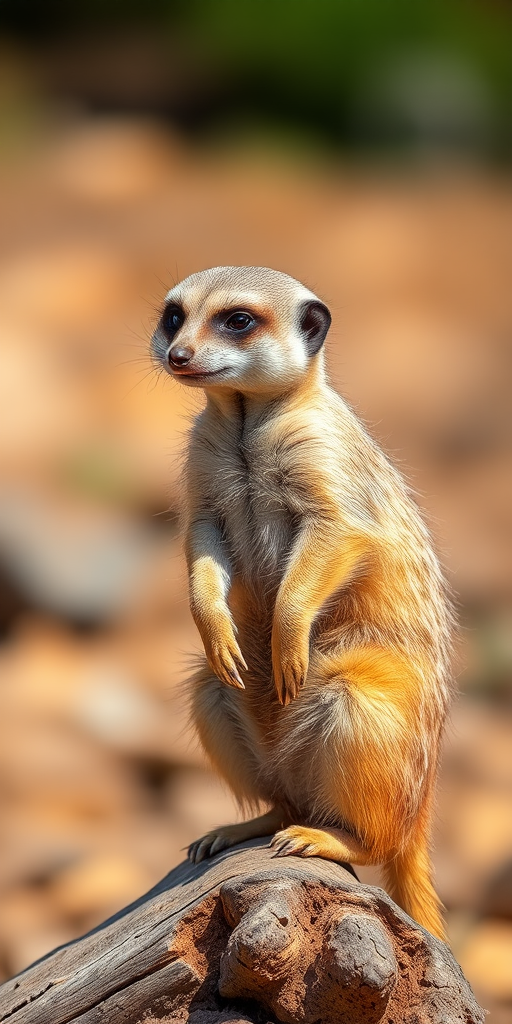 Create a close-up shot of a meerkat standing on a log, with a shallow depth of field, 85mm lens, aperture f/2.8, ISO 200, natural sunlight, and focus on the meerkat's fur texture and expression while blurring the background for enhanced quality.