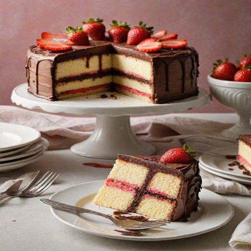Create an image of a multi-layered cake with three distinct layers: a chocolate layer at the bottom, a vanilla layer in the middle, and a strawberry layer on top. The cake should be frosted with a smooth white icing and decorated with swirls of chocolate sauce on the top. Show a slice cut out to reveal the colorful layers inside. The setting should be bright and inviting, with a simple plate and some soft lighting.