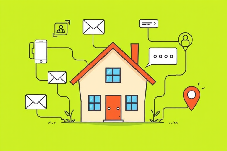 create an illustration of a house surrounded by icons representing communication methods such as a phone, email, message, and location pin, set against a vibrant green background, using a digital drawing style, with high resolution, in a flat design approach, captured with a virtual camera set to a focal length of 35mm and aperture at f/8 for optimal clarity and detail.