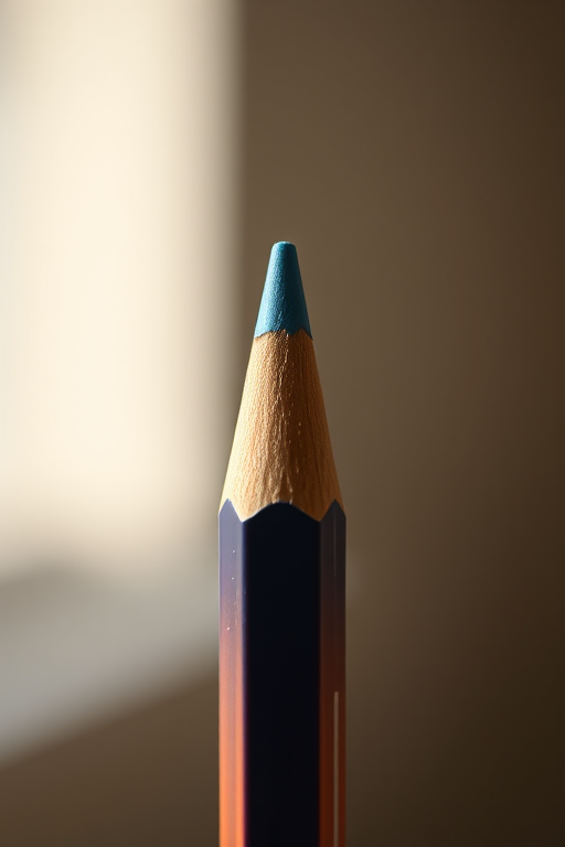 Create a high-resolution image of a pencil with a blue end and an orange body, using a shallow depth of field, 50mm lens, f/2.8 aperture, soft natural lighting, captured from a slightly elevated angle.