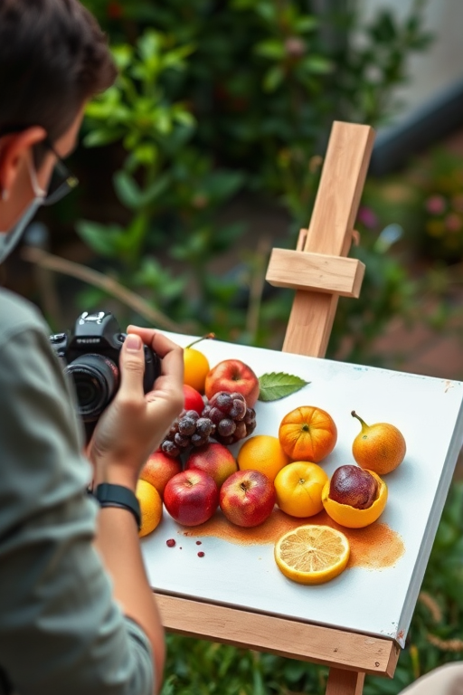 Create a vibrant outdoor scene of a person painting still life fruits on a canvas, using a DSLR camera with a 50mm lens, aperture set to f/2.8, ISO 200, and soft natural lighting to capture detailed textures and colors.