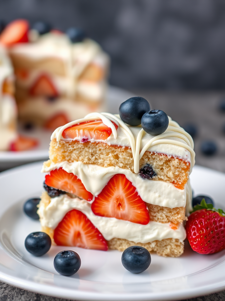 Create an image of a delicious layered dessert featuring a slice of creamy cake with alternating layers of vanilla cream and fresh strawberries and blueberries topped with white chocolate drizzle served on a white plate with the whole dessert in the background.