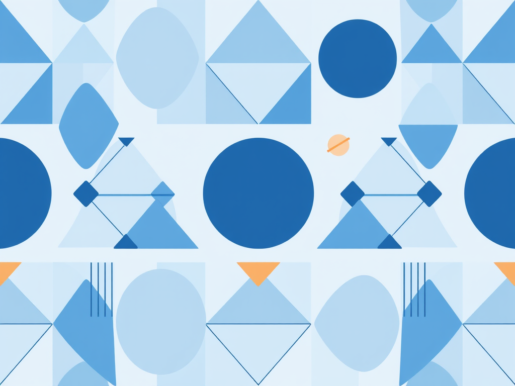 Create a seamless pattern of abstract geometric shapes in various shades of blue, featuring triangles, circles, and lines with a smooth gradient background, captured with a Canon EOS R5 at f/8, ISO 100, and a 50mm lens, in high-resolution to enhance clarity and detail.