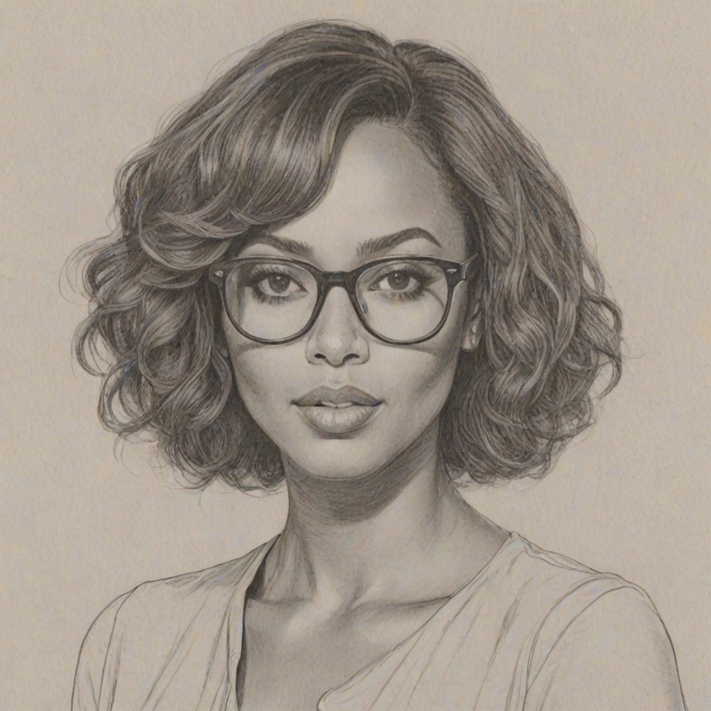 Sublime Keri Hilson, pencil sketch, portrait of Pleasing woman 1974s in glasses, hair style beatnik, outline, clear lines, fine lines, 8k