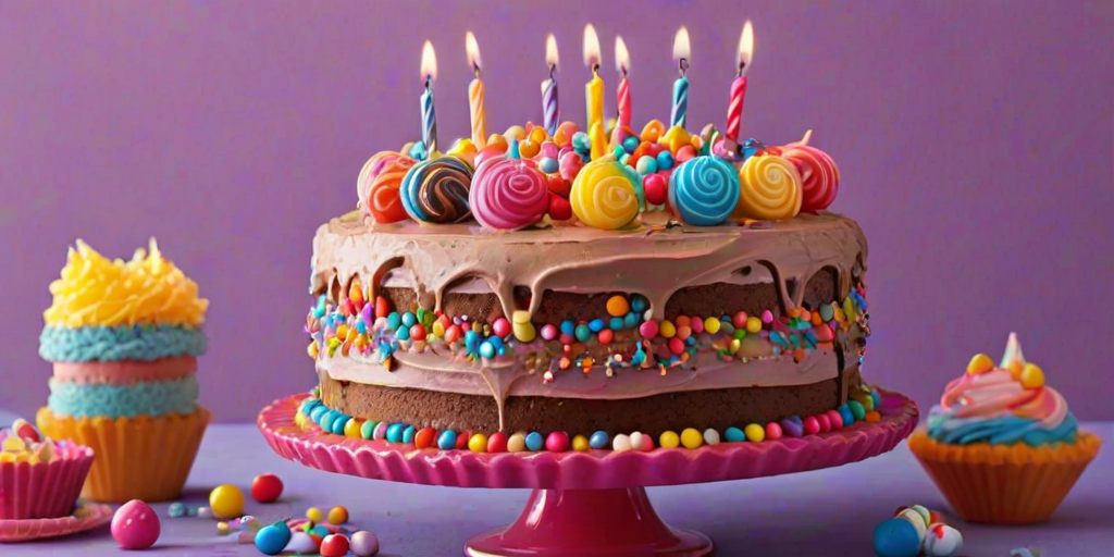 Create an image of a whimsical, multi-layered cake. The cake should have vibrant colors with pink and blue frosting, topped with a swirl of frosting and colorful candles. Surround the cake with various candies, lollipops, and balloons in a festive atmosphere. The background should be dark to highlight the cheerful colors of the cake and decorations.