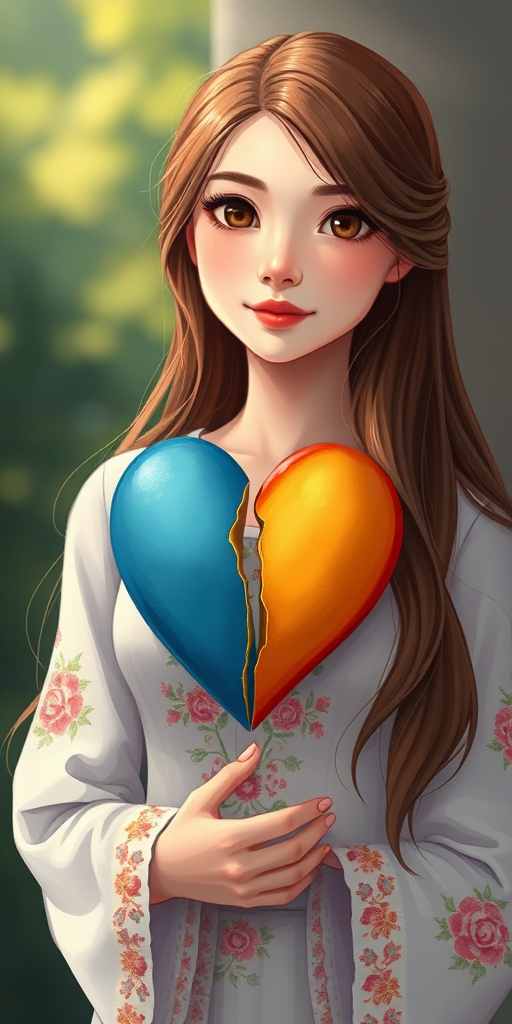 Create an illustration of a woman with long brown hair wearing a traditional white dress with floral embroidery, holding a broken heart divided into blue and yellow halves, the scene should be captured in a digital painting style with high resolution, 35mm lens, f/2.8 aperture, soft natural lighting, and a slightly blurred background to enhance focus on the subject.