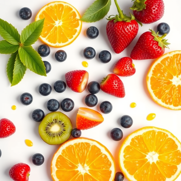 Create a vibrant, stylized image of assorted fruits including strawberries, oranges, kiwis, and blueberries scattered on a white background with a slight shimmer effect; use a Canon EOS R5, f/2.8 aperture, 35mm lens, at ISO 100 for crisp detail and bright colors, top-down view for an overhead layout and high saturation for enhanced visual appeal.