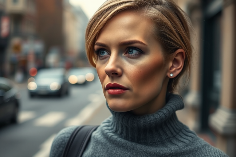 Scarlett Johansson is depicted in a close-up portrait outdoors on an overcast day, wearing a grey turtleneck sweater that contrasts beautifully with the soft, diffused light. The background shows a city street, blurred just enough to keep the focus on her while adding depth and context. Her expression is relaxed, with a thoughtful gaze as she looks slightly off-camera. The cool tones and subtle lighting create a moody yet elegant vibe