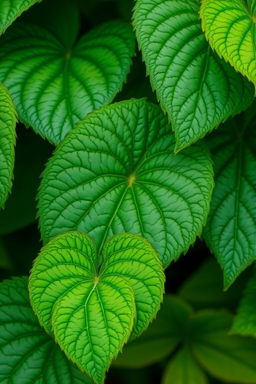 Capture a close-up shot of lush green leaves with rich textures and patterns, using a Canon EOS R5, 50mm lens, aperture f/2.8, ISO 100, and a shallow depth of field to enhance detail and contrast.