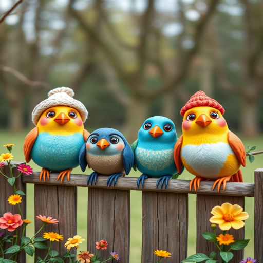 create a scene of 4 quirky  whimsical colourful comical birds each with a funny expression. they are sat on a wooden fence with colourful flowers. they are all different sizes. each one is a different colour  one is wearing a woolly hat. Each one has a different quirky google expression and there is a muted background of trees watercolour paintierly style high definition 8k resolution 3D paper mache