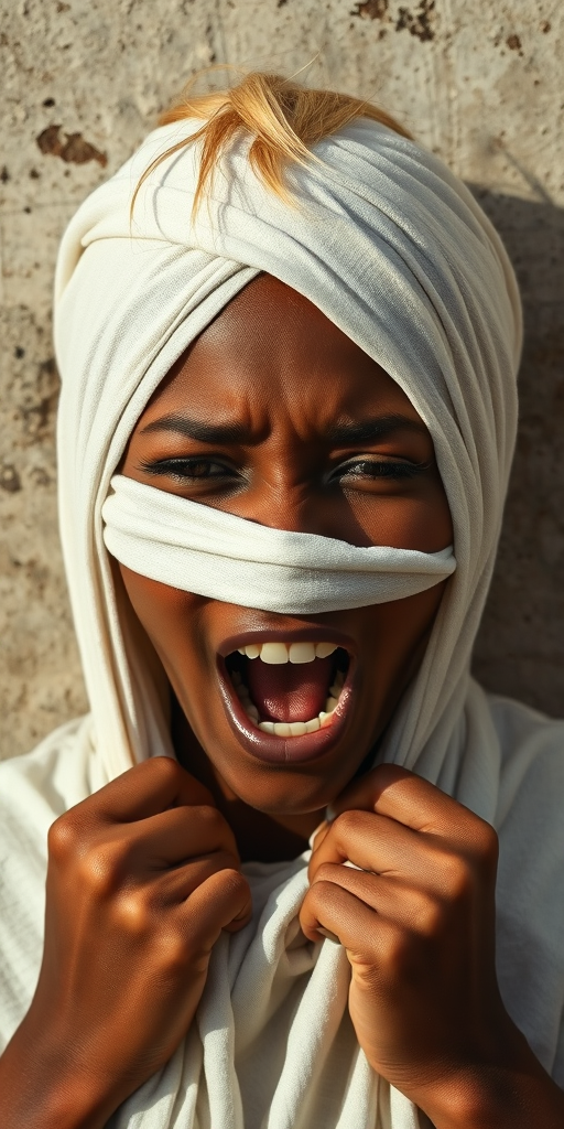 Create a close-up photographic image of a Oromo woman with light skin tones shown against an old, worn wall. Their head is wrapped in a white cloth covering (i.e.... parts of the head except the nose and mouth, which are open as if they are screaming...), with a slight texture and visible folds in the fabric. Thin strands of blonde hair escape from the wrapping above, falling lightly at the top and sides. Their hands hold the fabric as if they are tugging nervously. The lighting is dramatic and even, casting strong shadows. The image has a minimalist and surreal style with an emphasis on simplicity with soft color tones. The composition is centered.