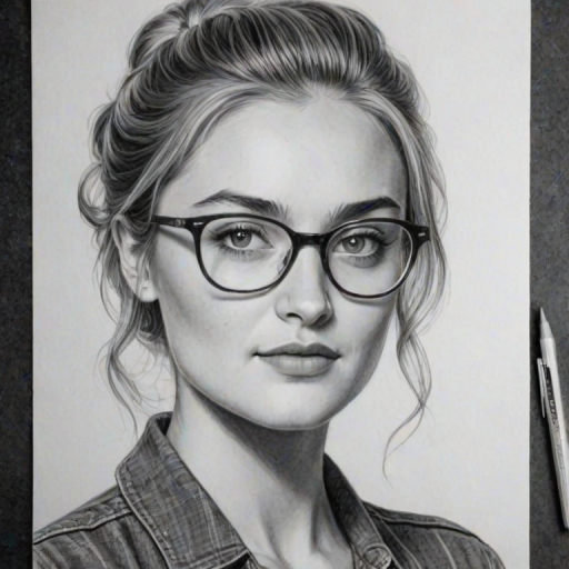 Fetching AJ Michalka, pencil sketch, portrait of Captivating woman 1949s in glasses, hair style beatnik, outline, clear lines, fine lines, 8k