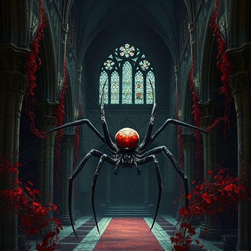 create a digital painting of a large spider with a red abdomen sitting in the center of a dark gothic cathedral, with intricate webbing and crimson vines surrounding it, use a 50mm lens, f/1.8 aperture, ISO 200, and a slight vignette effect for depth, capturing the eerie atmosphere with high contrast and deep shadows, in a hyper-realistic style