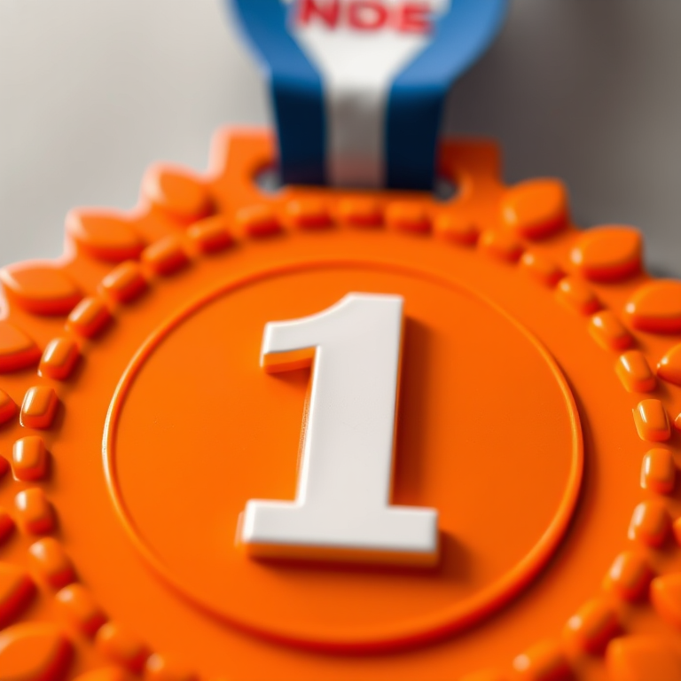 Create an illustration of a first place medal with a vibrant orange color, featuring a large white number one in the center, captured with a Canon EOS R5, aperture f/2.8, ISO 100, 50mm lens, in a close-up view with a shallow depth of field for emphasis on the medal's details.