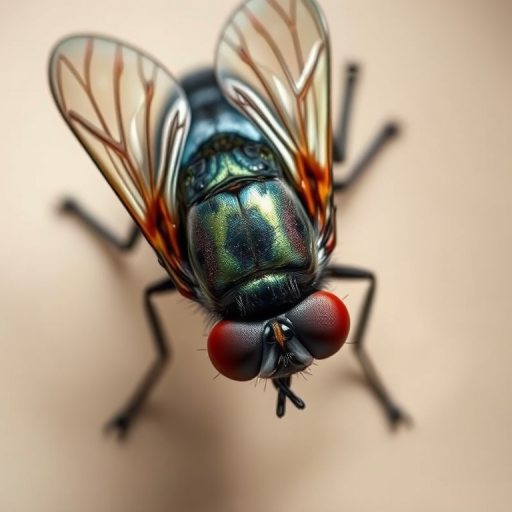 Create a highly detailed illustration of a fly from a top-down view, with a close-up perspective, using a DSLR camera with a 50mm lens, aperture set to f/1.8, ISO 100, and soft lighting to enhance the textures and features of the fly's body and wings.