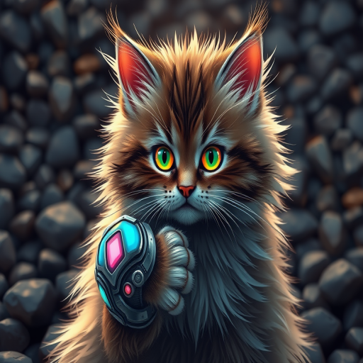 Create a highly detailed digital illustration of a fluffy cat with glowing eyes wearing a colorful gauntlet, set against a textured background of soft, dark pebbles, captured in a close-up view, using a Canon EOS R5, 50mm lens, aperture f/1.8, shutter speed 1/200s, ISO 100.