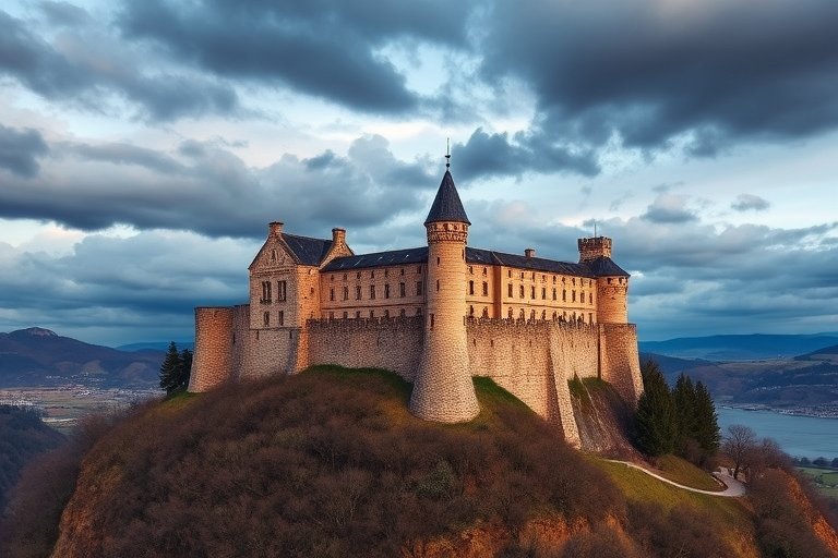 Capture a vibrant landscape of a medieval castle perched on a hill, showcasing intricate architectural details under a dramatic sky, using a DSLR camera with a wide-angle lens (24mm), f/8 aperture, ISO 200, and a shooting angle of 45 degrees to enhance depth and color saturation.