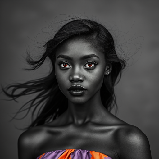 Photographic image of a beautiful young Kikuyu woman, red eyes, lips with black lipstick, long hair fluttering in the wind and wearing a silk strapless dress with a soft purple and orange print. monochrome image with only color highlights in the iris of the eyes, lipstick and dress. Gray background.