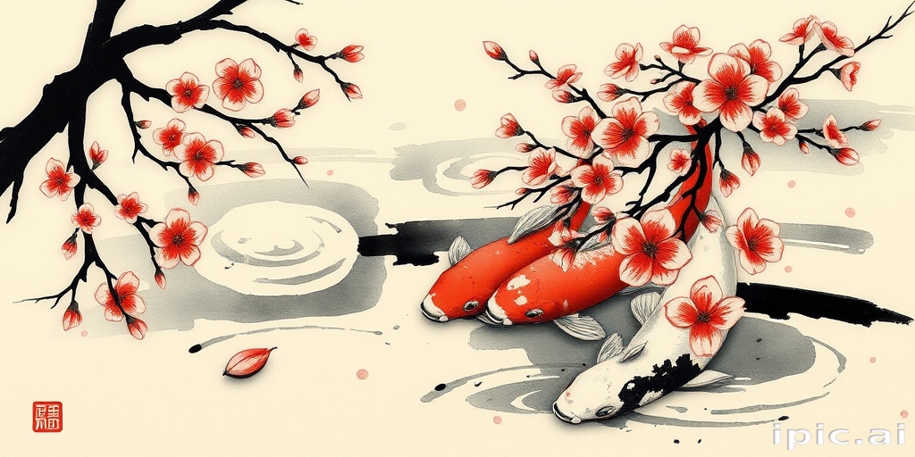 Japanese-inspired brush stroke tattoo depicting a serene koi pond with cherry blossoms, combining traditional sumi-e techniques with modern abstract elements for a unique fusion style