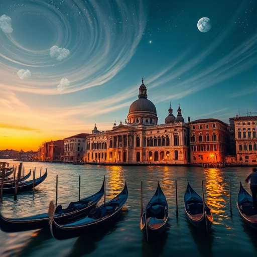 Generate a serene landscape featuring a grand Venetian palace by the water with gondolas, warm lighting reflecting off the surface, under a starry sky and swirling clouds, taken with a Canon EOS R5, 24mm lens, f/2.8 aperture, ISO 100, 1/60s shutter speed, in a vibrant and detailed style.
