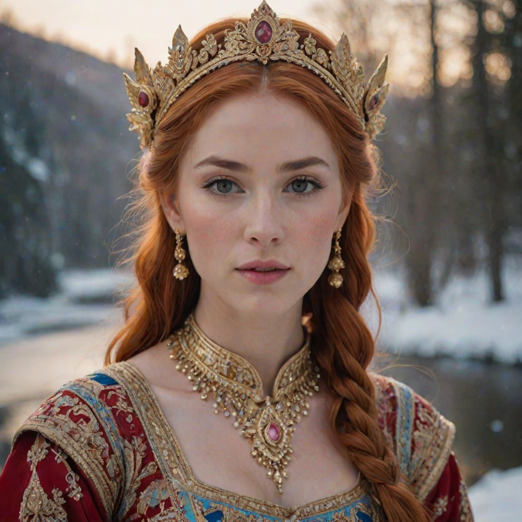 A young woman with long, flowing red hair, wearing a traditional, ornate red and blue costume with gold accents and intricate embroidery, stands facing the viewer in a close-up portrait. Her hair is styled in a high ponytail and adorned with a pair of golden, winged hairpieces. She wears gold earrings and her makeup is accented with light pink blush and a bright red lip. She has a soft and slightly melancholic expression, with her eyes looking directly at the camera. The background is a blurred, out-of-focus snowy landscape, with the woman in the foreground. The lighting is soft and natural, creating a warm, intimate atmosphere. The image is composed using a shallow depth of field, with the woman as the main focal point. The overall style is elegant, delicate, and fairytale-like.
