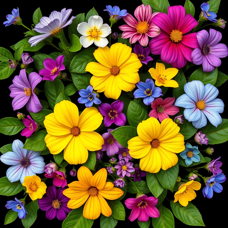 Create a vibrant floral pattern with a variety of spring flowers in shades of purple, yellow, pink, and blue surrounded by lush green leaves against a black background, shot with a DSLR camera at f/5.6 aperture, ISO 100, 50mm lens, and natural light for enhanced color depth and clarity.