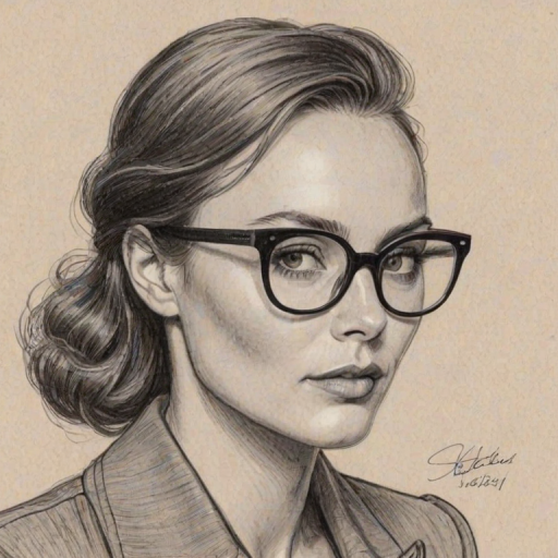 Resplendent Stella McCartney, pencil sketch, portrait of Bewitching woman 1947s in glasses, hair style beatnik, outline, clear lines, fine lines, 8k