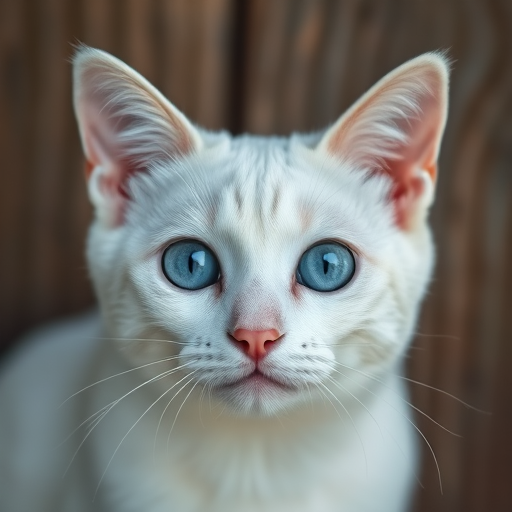 close-up portrait of a white cat with striking blue eyes against a wooden background, f/2.8 aperture, ISO 200, 50mm lens, shallow depth of field, natural lighting, DSLR camera, soft focus background