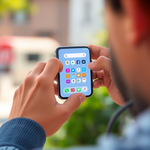 Create an illustration of a person using a smartphone with both hands, showcasing a colorful app interface, shot from a close-up perspective using a DSLR camera with a 50mm lens at f/1.8, ISO 100, in natural light to enhance image quality.