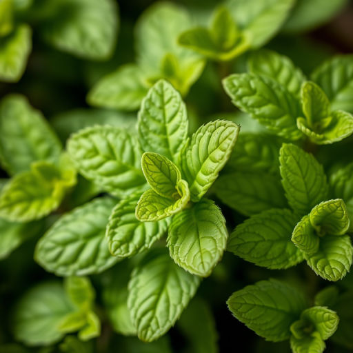 a close-up shot of fresh mint leaves with vibrant green colors, taken with a DSLR camera at f/2.8 aperture, ISO 100, 1/200 sec shutter speed, natural light, and shallow depth of field to enhance detail and texture