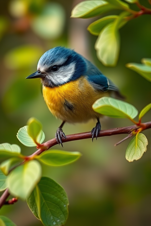 Capture a close-up shot of a blue tit perched on a branch surrounded by green leaves, using a DSLR camera with a 100mm macro lens, aperture f/2.8, ISO 100, shutter speed 1/200s, natural lighting, and a shallow depth of field for a blurred background.