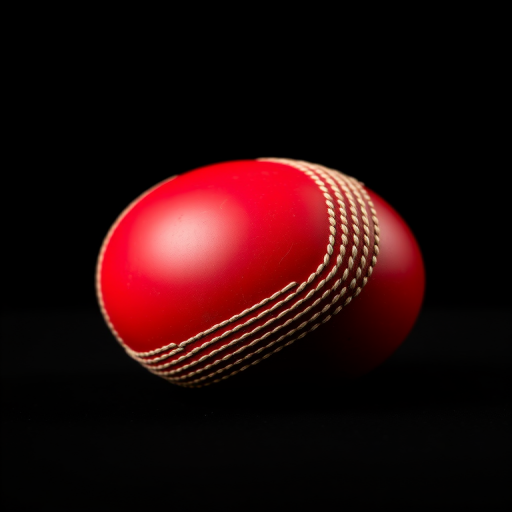 Generate a high-resolution image of a red cricket ball on a black background using a DSLR camera with a 50mm lens, f/2.8 aperture, ISO 100, and a slight tilt-shift view for depth.