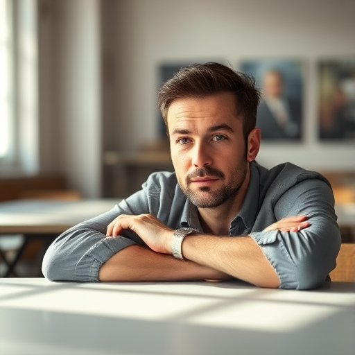 Portrait of a man sitting at a table with a contemplative expression, soft natural lighting, indoor setting, focal length 50mm, aperture f/2.8, ISO 200, shallow depth of field, taken with a DSLR camera.