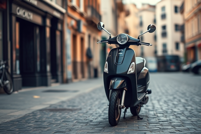 Regenerate the image of a black scooter parked on a cobblestone street with an urban background, using a Canon EOS R5 camera, 50mm lens, f/1.8 aperture, 1/200 sec shutter speed, ISO 100, soft natural lighting, focus on the scooter with a shallow depth of field.