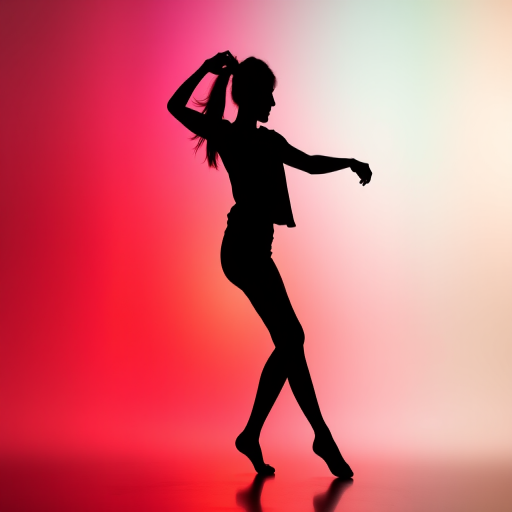 Generate a high-resolution image of a black silhouette of a person in a rhythmic dance pose against a vibrant gradient background, using a DSLR camera with a 50mm lens at f/1.8, ISO 100, and a shutter speed of 1/200 seconds, shot in a straight-on view for clarity and detail.