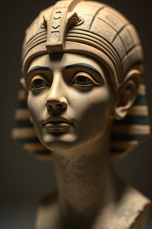 Create a high-resolution image of an ancient Egyptian bust, focusing on intricate details like facial features and headdress, using a DSLR camera with a 50mm lens, aperture set to f/1.8, ISO 100, and a soft diffused light to enhance textures and colors.