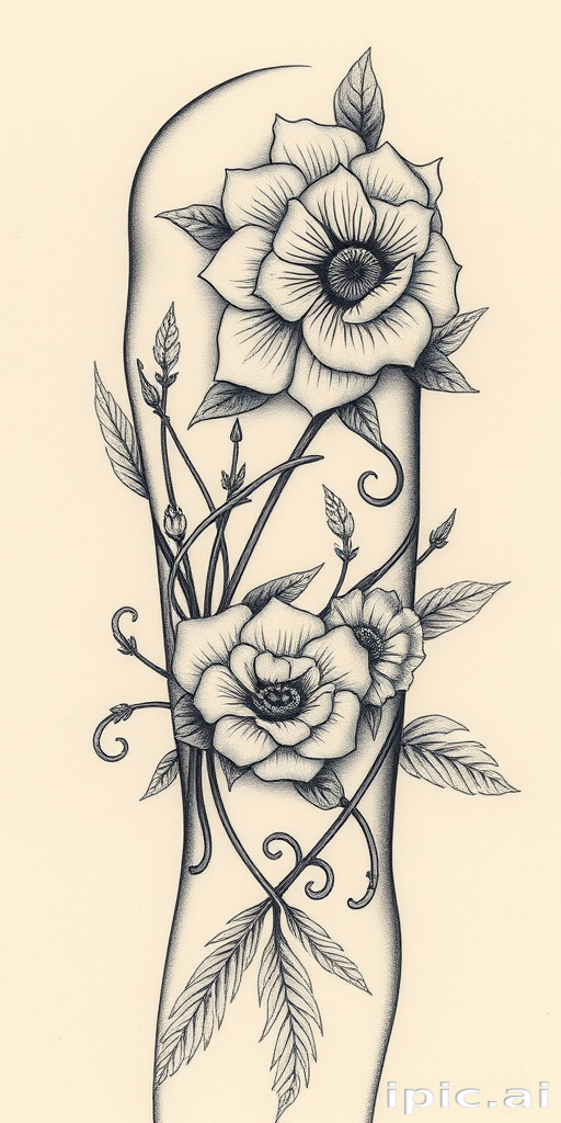 Engraving-style tattoo titled "Etched Elegance" replicating the look of vintage illustrations with fine cross-hatching techniques and meticulous attention to detail