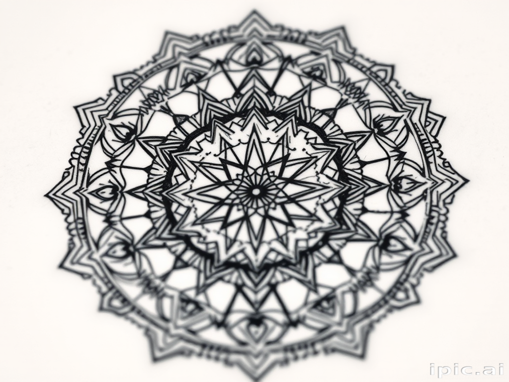 Intricate blackwork tattoo called "Geometric Mandala" showcasing precise linework and symmetrical patterns forming a circular design with sacred geometry elements, dotwork shading, and negative space accents