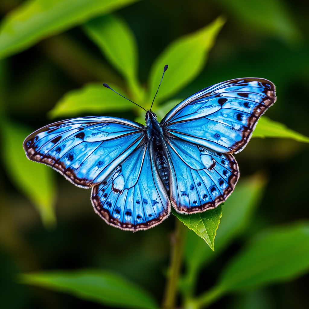 Generate an image of a delicate blue butterfly with intricate black patterns on its wings, perched on a vibrant green leaf in a natural setting. The background should be softly blurred to emphasize the butterfly and leaf.