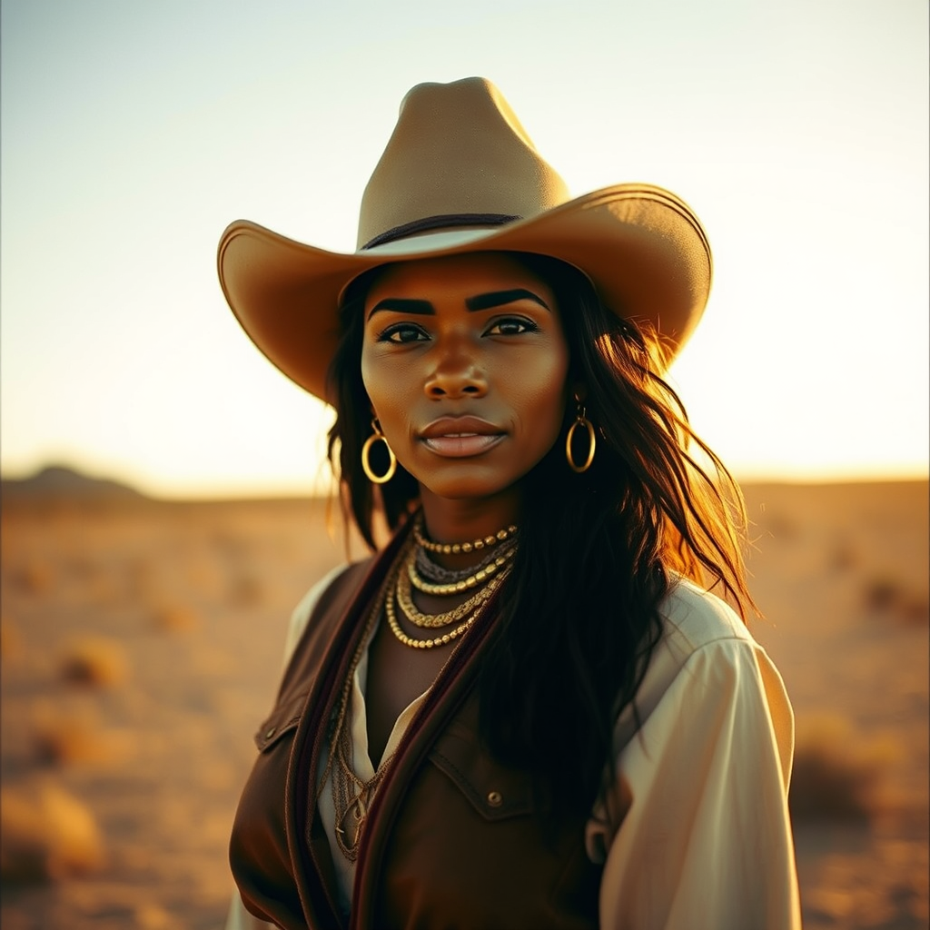 Dramatic photo of a beautiful Aboriginal Australian woman, classic cowboy attire, confident and free spirit expression, half-length portrait, centered, golden hour desert landscape, warm, diffused light, low angle, medium format film camera, in style of Annie Leibovitz.