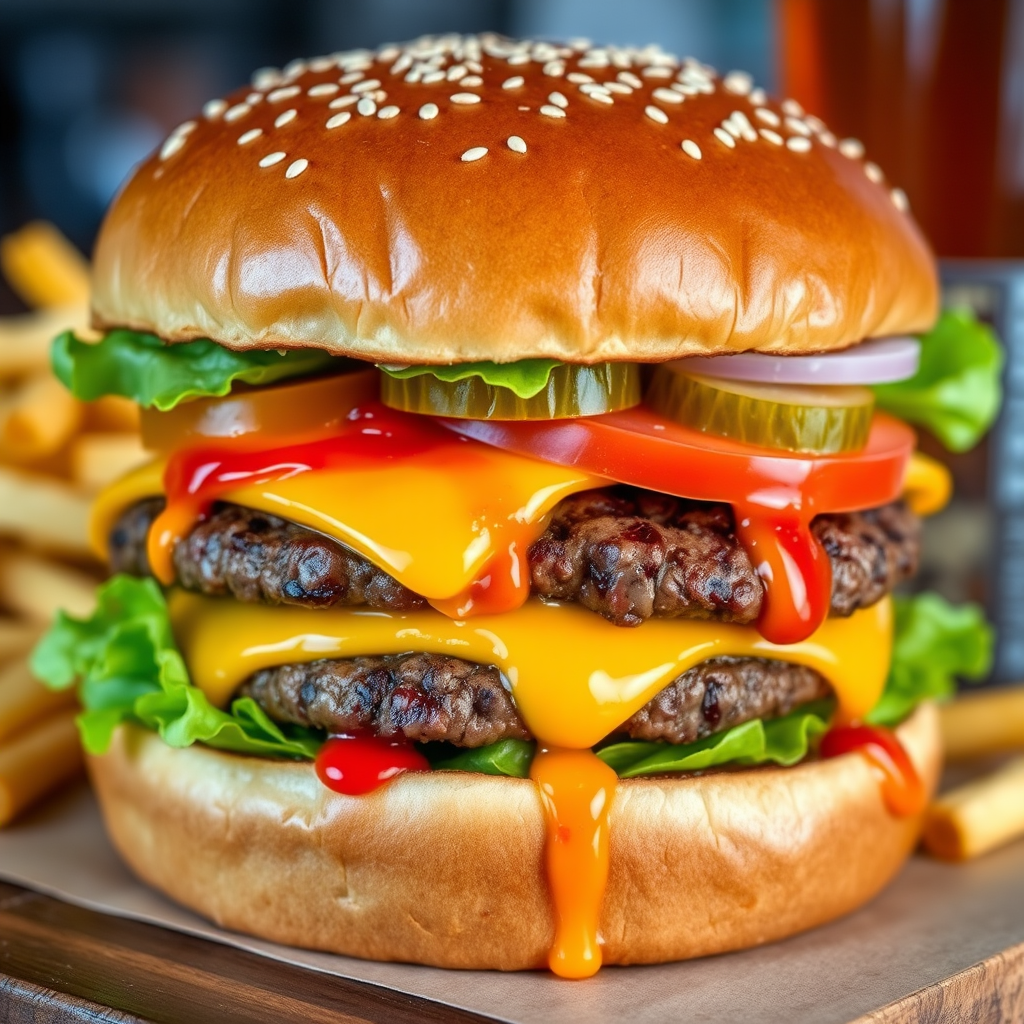High-resolution, close-up image of a gourmet double cheeseburger. The burger features a glossy, sesame-seed-topped brioche bun. Inside, there are two thick, juicy beef patties, each topped with melted cheddar cheese. The burger is garnished with fresh lettuce, tomato slices, diced onions, and pickles. A generous amount of ketchup and a creamy, orange-colored sauce is dripping down the sides, adding to the mouth-watering appeal. In the background, there are blurred elements including a side of golden French fries and a hint of a beverage, enhancing the overall presentation of a delicious meal.