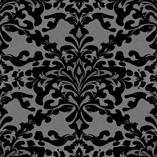 regenerate a seamless black damask pattern with intricate floral designs in high resolution, using a DSLR camera, f/8 aperture, 50mm lens, ISO 100, soft diffused lighting and a top-down view to enhance details and contrast