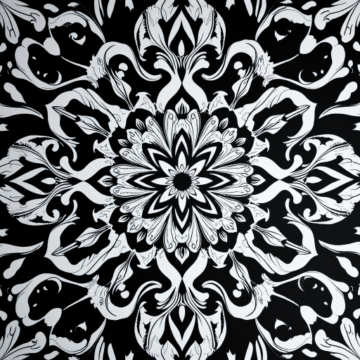 create a highly detailed black and white floral pattern with intricate swirls and geometric shapes, shot with a DSLR camera at f/8, ISO 100, 50mm lens, top-down view, high resolution, flat lay style