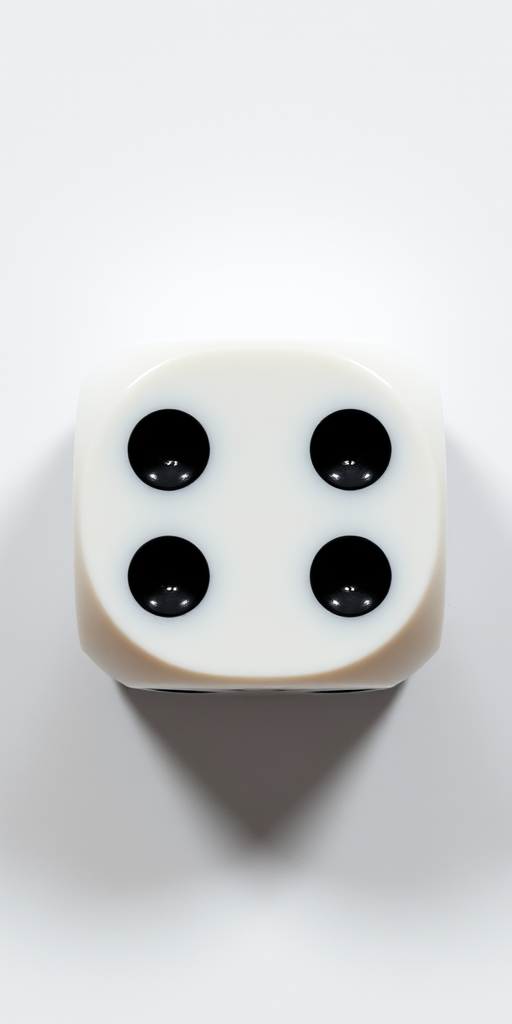 Create a high-resolution image of a six-sided die showing four black dots on a white surface, using a DSLR camera with a 50mm lens, aperture f/2.8, shutter speed 1/125 sec, ISO 100, top-down view, soft lighting to enhance contrast and details.