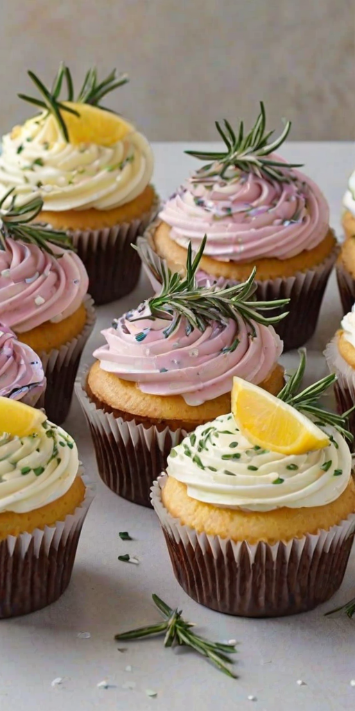 Generate an image of beautifully decorated cupcakes with creamy frosting. Each cupcake should be topped with a slice of dried lemon and a sprinkle of fresh rosemary. The background should be soft and neutral to highlight the cupcakes.