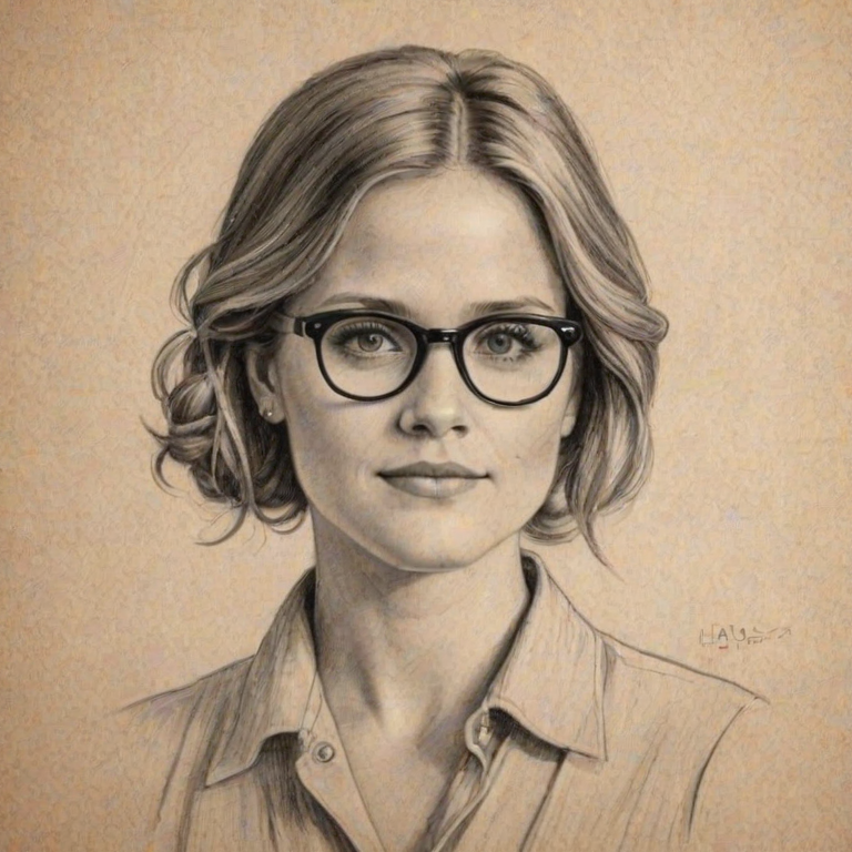 Lovely Maggie Lawson, pencil sketch, portrait of Charming woman 1925s in glasses, hair style beatnik, outline, clear lines, fine lines, 8k