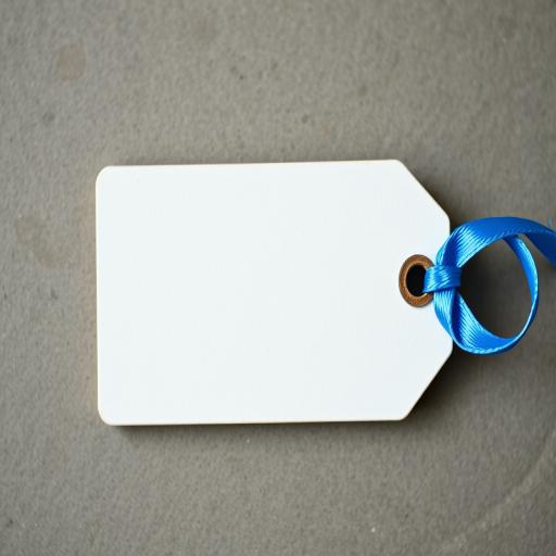 Create a high-quality image of a blank rectangular tag with a blue ribbon, shot with a Canon EOS R5, 50mm lens, aperture f/2.8, ISO 100, and natural lighting from a top-down angle.